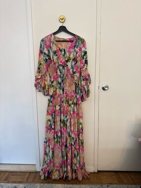 Floral Pink & Green Maxi Dress with Ruffled Sleeves